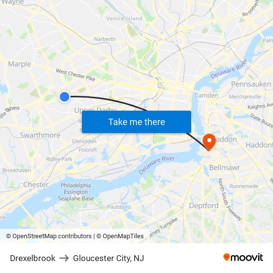 Drexelbrook to Gloucester City, NJ map