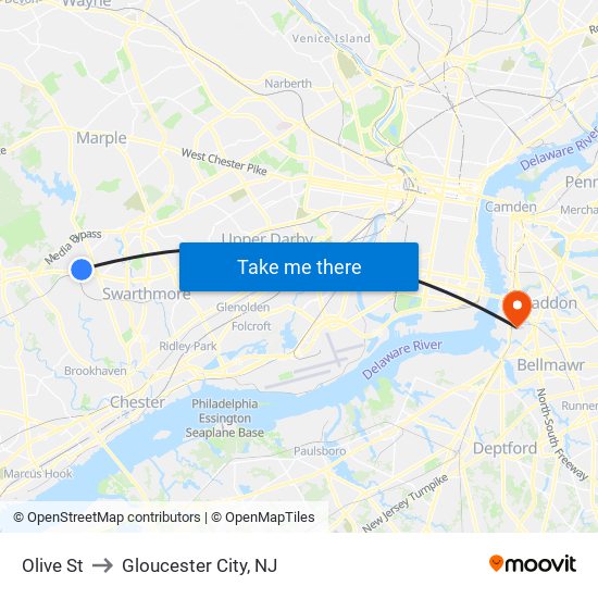 Olive St to Gloucester City, NJ map