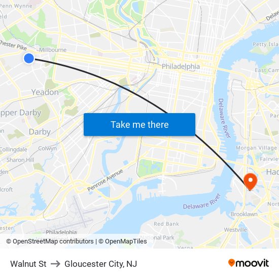 Walnut St to Gloucester City, NJ map
