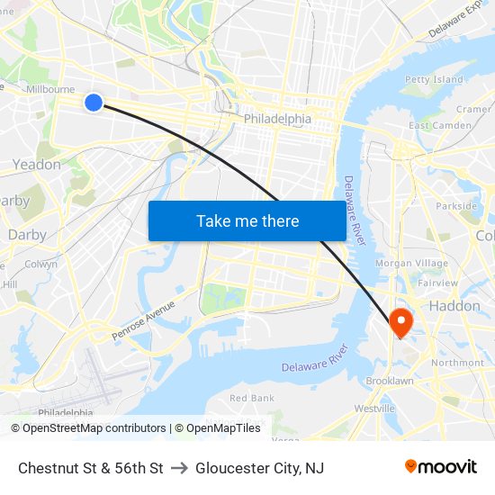 Chestnut St & 56th St to Gloucester City, NJ map