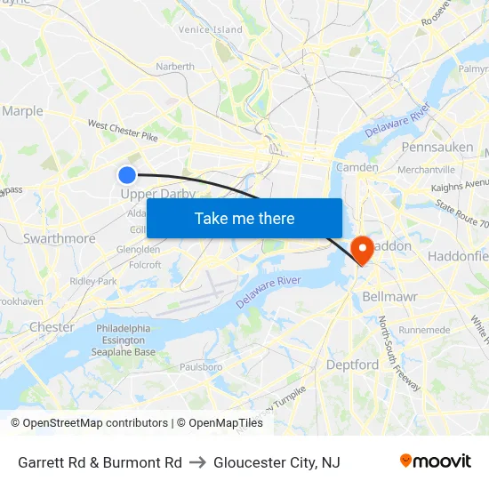 Garrett Rd & Burmont Rd to Gloucester City, NJ map