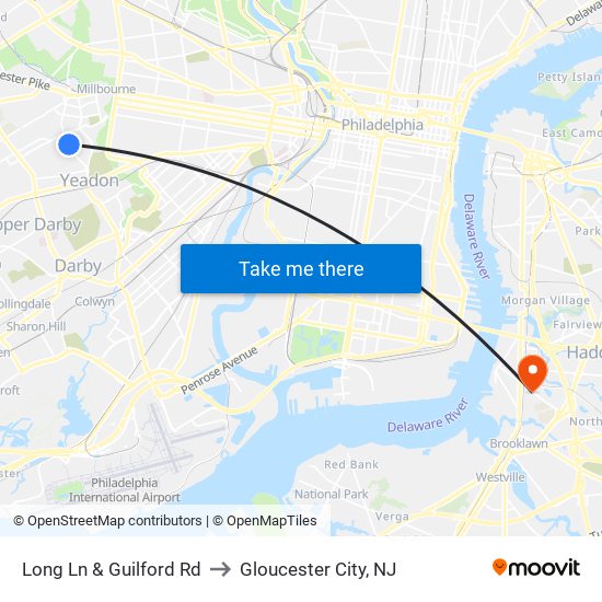 Long Ln & Guilford Rd to Gloucester City, NJ map