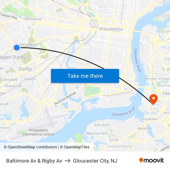 Baltimore Av & Rigby Av to Gloucester City, NJ map