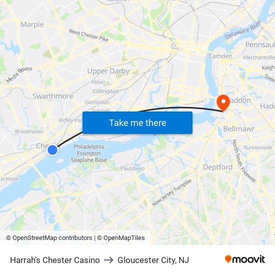 Harrah's Chester Casino to Gloucester City, NJ map