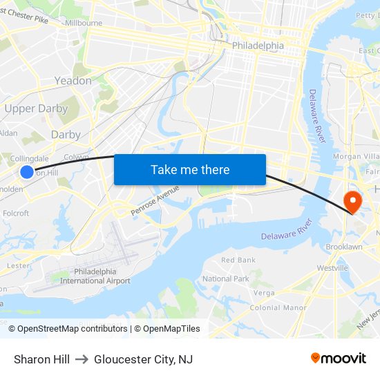 Sharon Hill to Gloucester City, NJ map
