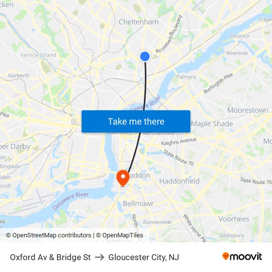 Oxford Av & Bridge St to Gloucester City, NJ map