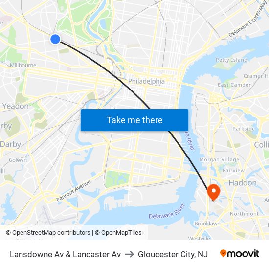 Lansdowne Av & Lancaster Av to Gloucester City, NJ map