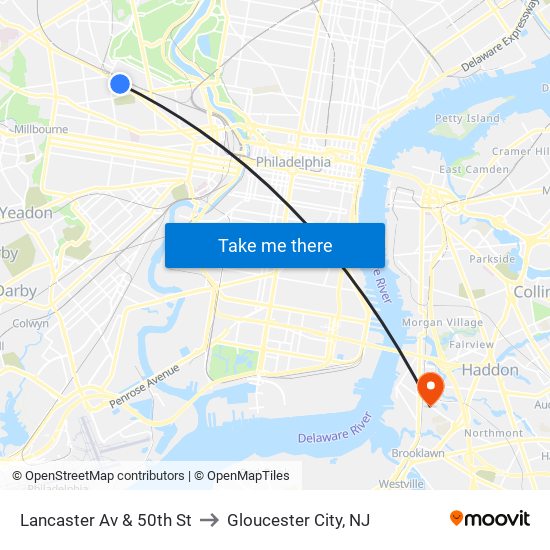 Lancaster Av & 50th St to Gloucester City, NJ map