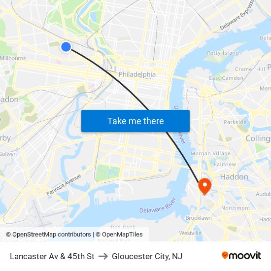 Lancaster Av & 45th St to Gloucester City, NJ map