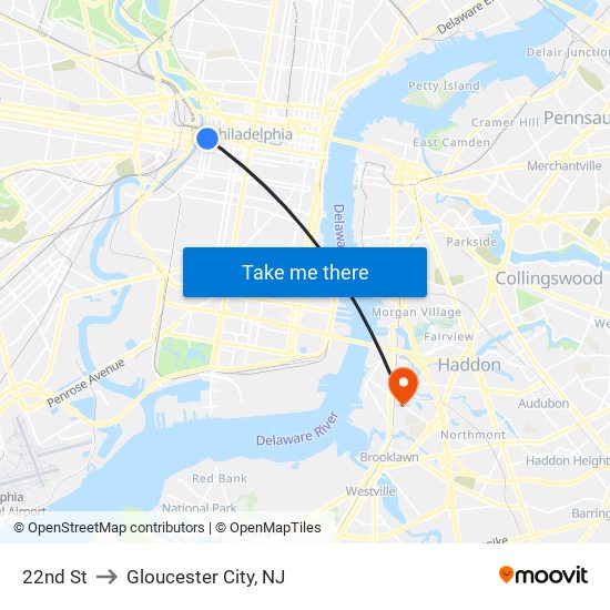 22nd St to Gloucester City, NJ map