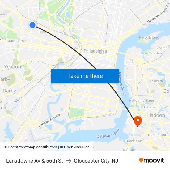 Lansdowne Av & 56th St to Gloucester City, NJ map