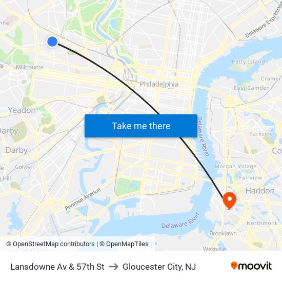 Lansdowne Av & 57th St to Gloucester City, NJ map