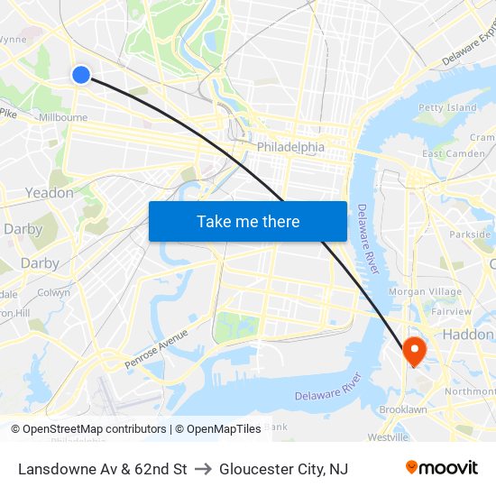 Lansdowne Av & 62nd St to Gloucester City, NJ map