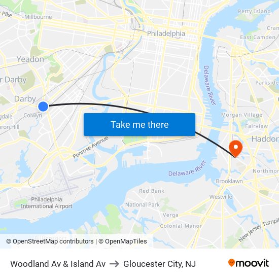 Woodland Av & Island Av to Gloucester City, NJ map