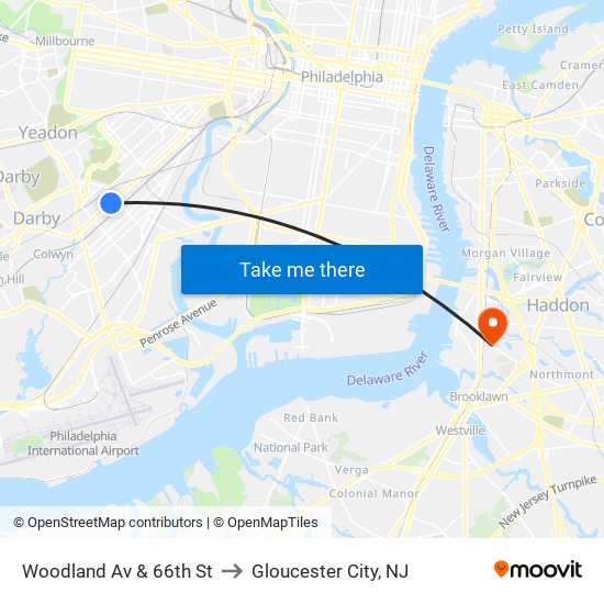 Woodland Av & 66th St to Gloucester City, NJ map