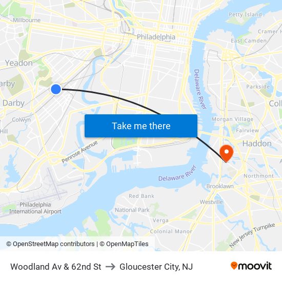 Woodland Av & 62nd St to Gloucester City, NJ map