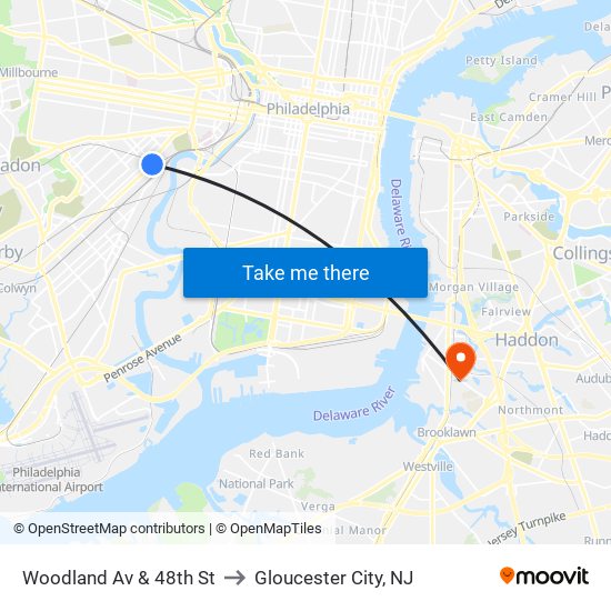 Woodland Av & 48th St to Gloucester City, NJ map
