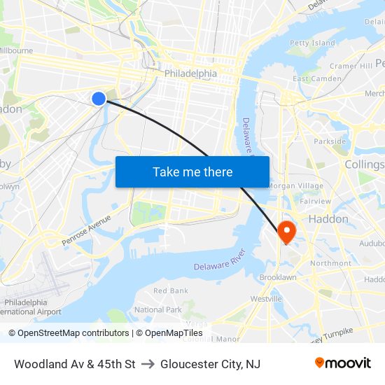 Woodland Av & 45th St to Gloucester City, NJ map