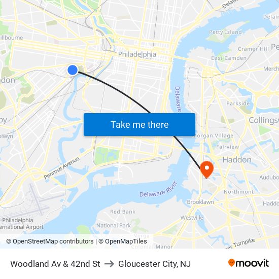 Woodland Av & 42nd St to Gloucester City, NJ map