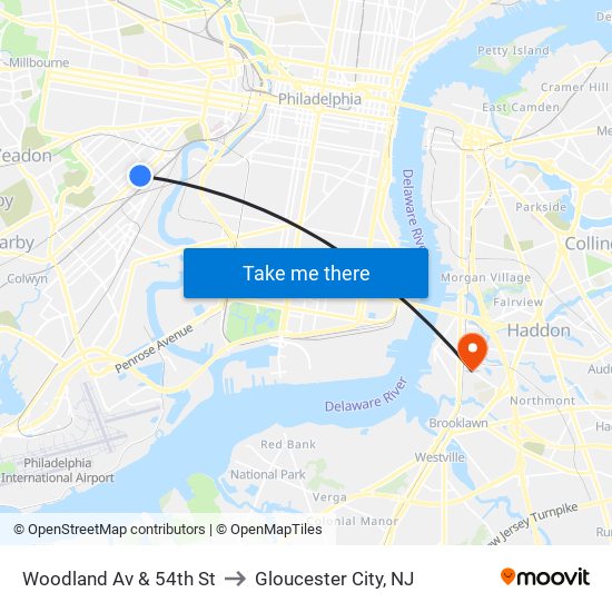 Woodland Av & 54th St to Gloucester City, NJ map