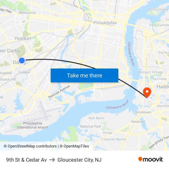 9th St & Cedar Av to Gloucester City, NJ map