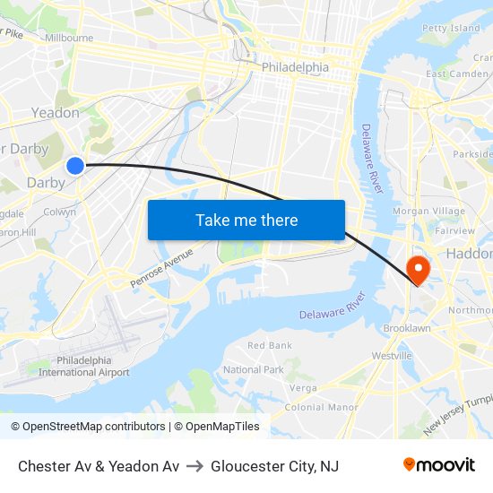 Chester Av & Yeadon Av to Gloucester City, NJ map