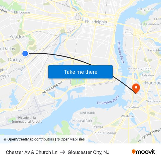 Chester Av & Church Ln to Gloucester City, NJ map