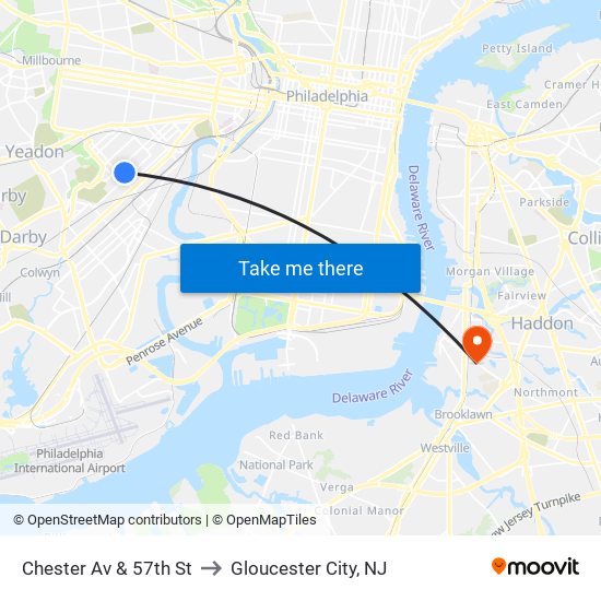 Chester Av & 57th St to Gloucester City, NJ map