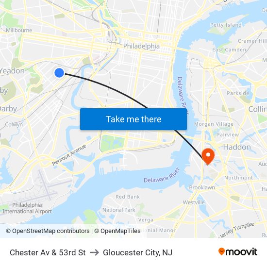 Chester Av & 53rd St to Gloucester City, NJ map