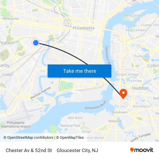 Chester Av & 52nd St to Gloucester City, NJ map
