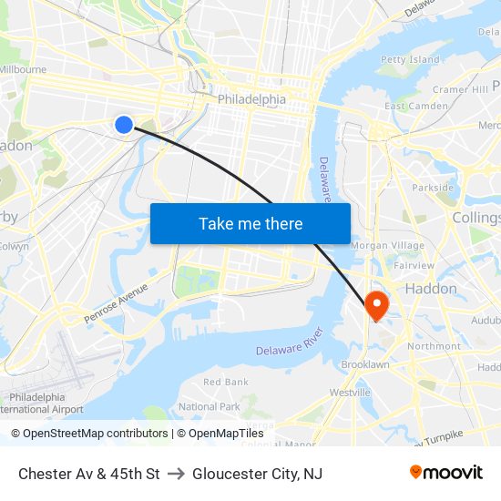 Chester Av & 45th St to Gloucester City, NJ map