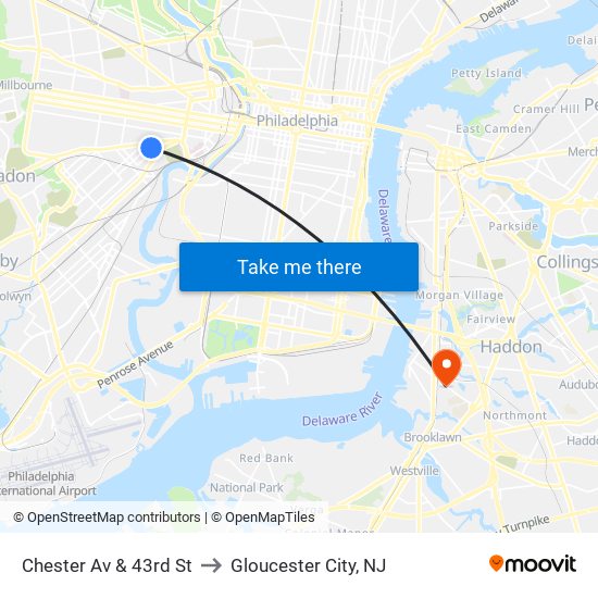 Chester Av & 43rd St to Gloucester City, NJ map