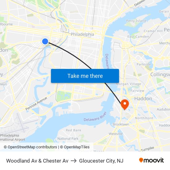 Woodland Av & Chester Av to Gloucester City, NJ map