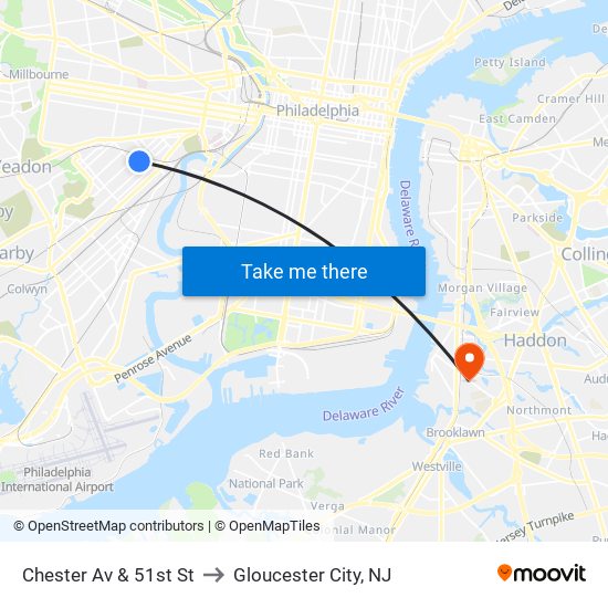 Chester Av & 51st St to Gloucester City, NJ map