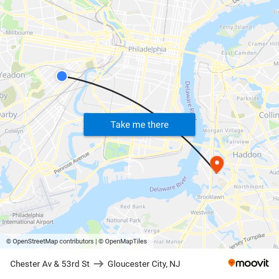 Chester Av & 53rd St to Gloucester City, NJ map