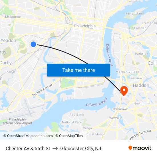 Chester Av & 56th St to Gloucester City, NJ map