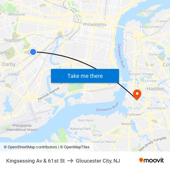 Kingsessing Av & 61st St to Gloucester City, NJ map