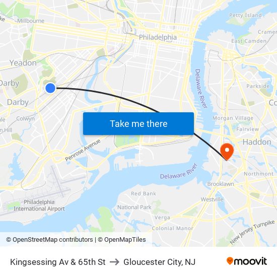 Kingsessing Av & 65th St to Gloucester City, NJ map