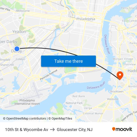 10th St & Wycombe Av to Gloucester City, NJ map