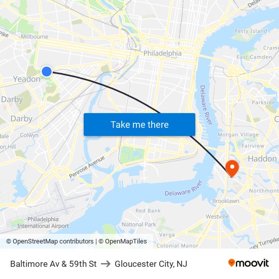 Baltimore Av & 59th St to Gloucester City, NJ map