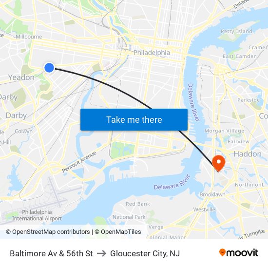Baltimore Av & 56th St to Gloucester City, NJ map