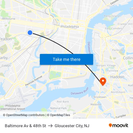 Baltimore Av & 48th St to Gloucester City, NJ map