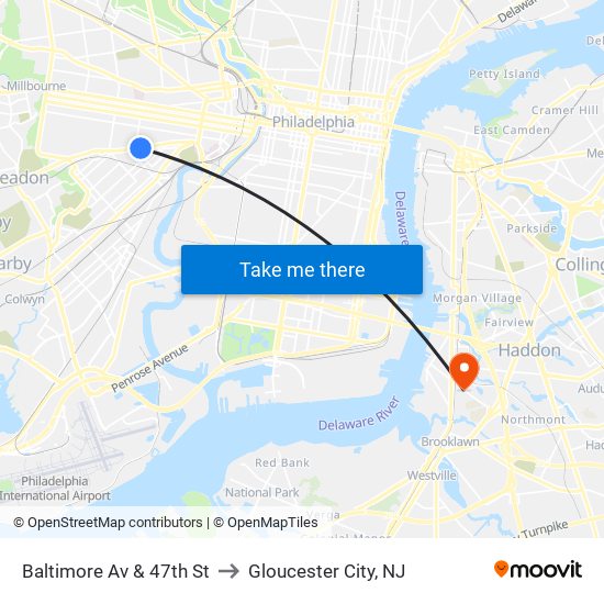 Baltimore Av & 47th St to Gloucester City, NJ map