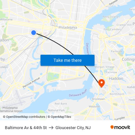 Baltimore Av & 44th St to Gloucester City, NJ map