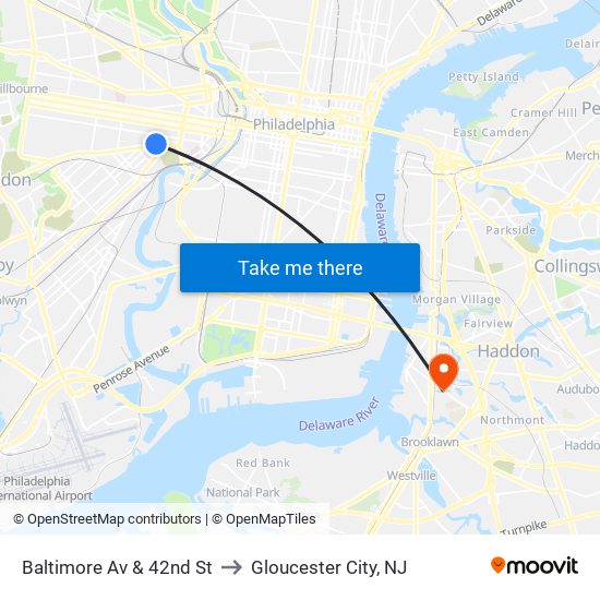 Baltimore Av & 42nd St to Gloucester City, NJ map