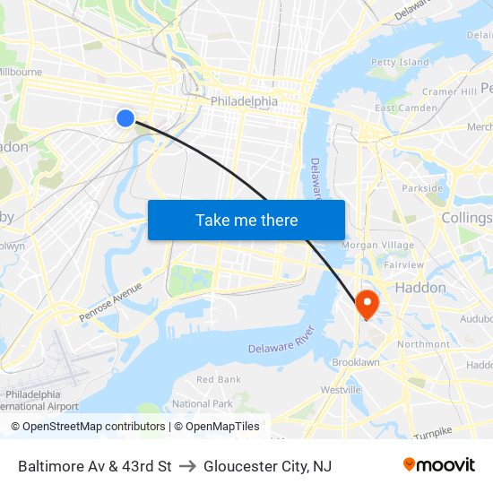 Baltimore Av & 43rd St to Gloucester City, NJ map