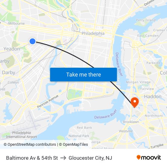 Baltimore Av & 54th St to Gloucester City, NJ map