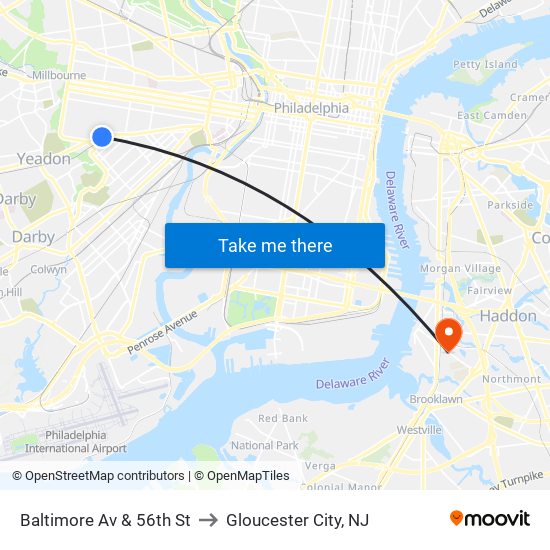 Baltimore Av & 56th St to Gloucester City, NJ map