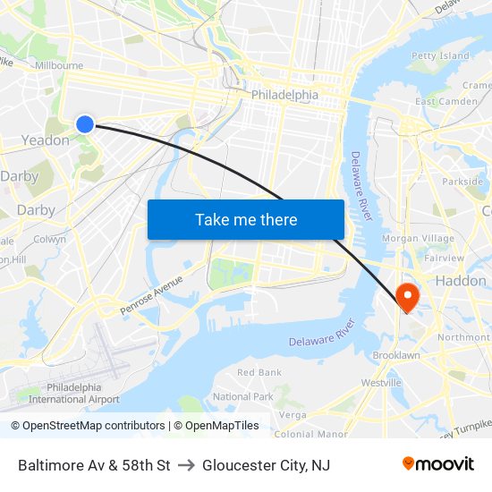 Baltimore Av & 58th St to Gloucester City, NJ map