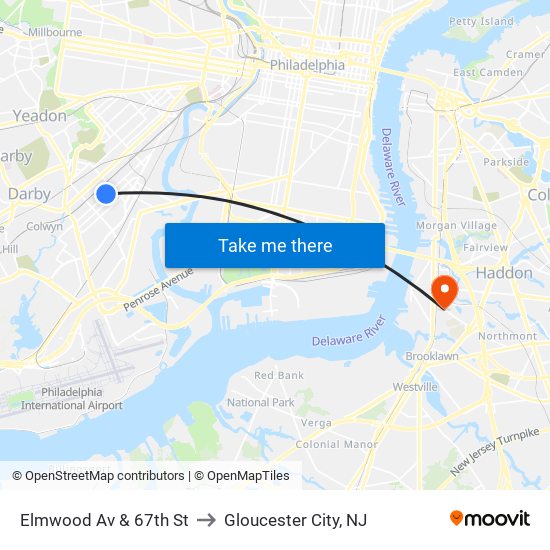 Elmwood Av & 67th St to Gloucester City, NJ map